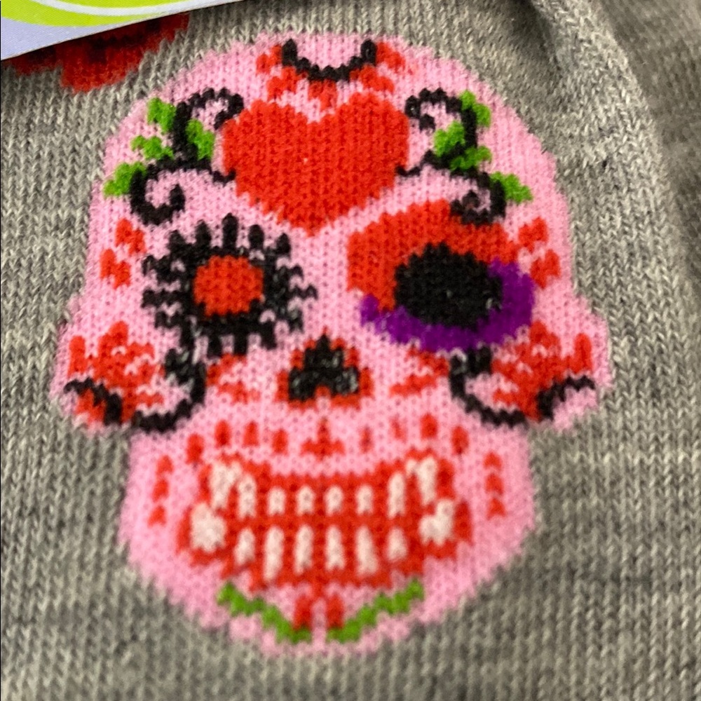 Gray Calavera sugar skull, Knee-High Socks with Red and Pink Accents - Picture 5 of 5